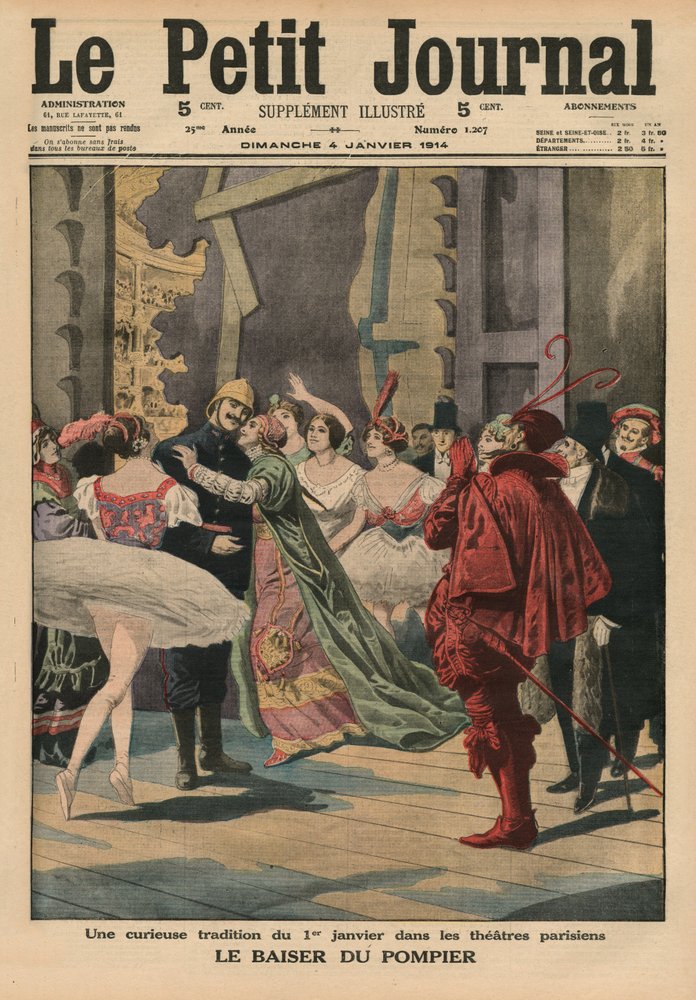 En märklig tradition den 1 januari på teatrarna i Paris, "Brandmannens kyss", omslagsillustration ur Le Petit Journals illustrerade bilaga, 4 januari 1914 av French School