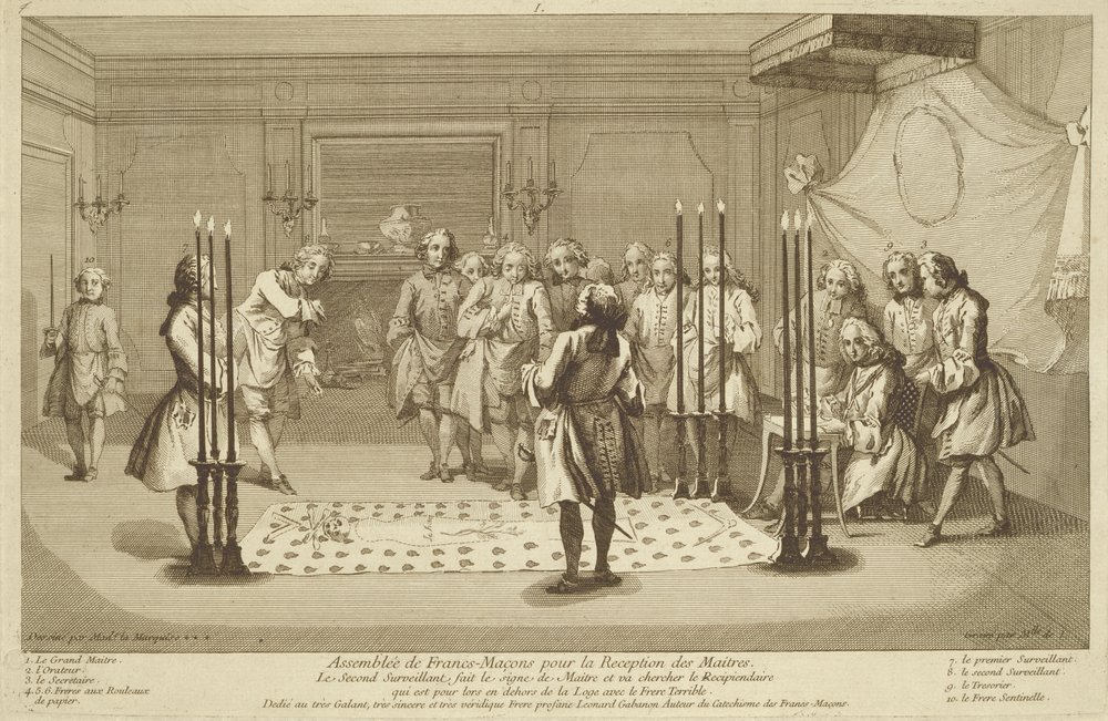 Frimurarförsamling före invigningen av en mästare, ur Religionens och sedens ceremonier, cirka 1733 av French School