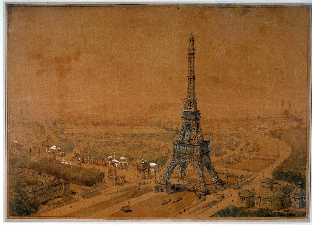 Avvisat projekt för Eiffeltornet från tävlingen 1886 inför utställningen 1889. Teckning från 1886. Paris, Nationalarkivet av French School