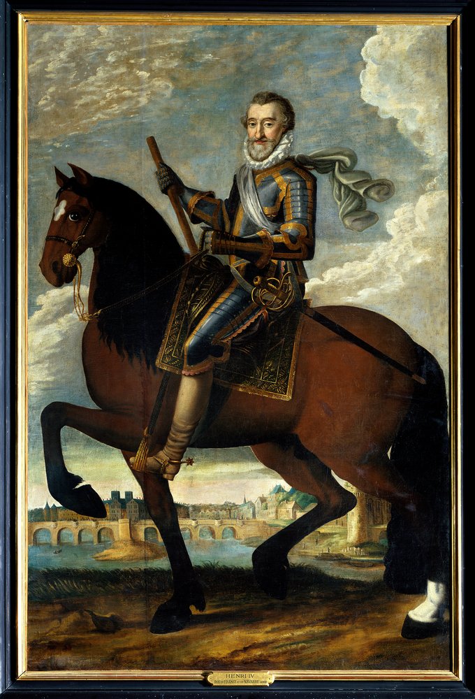 Ridsporträtt av Henrik IV (1553-1610) kung av Frankrike framför Pont Neuf i Paris. Anonym målning från 1600-talet. Olja på duk. Obligatoriskt omnämnande: Sully sur Loire, Chateau de Sully av French School