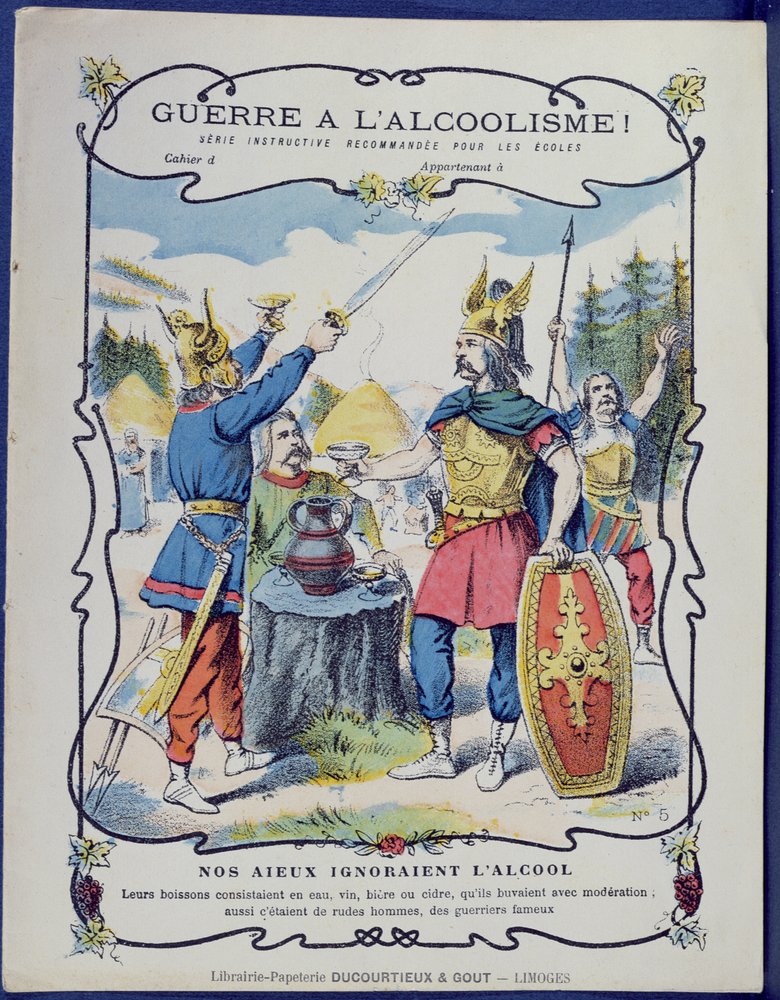 Fight Against Alcoholism!, en illustration av galliska krigare från ett skyddsfodral för skolböcker, sent 1800-tal av French School