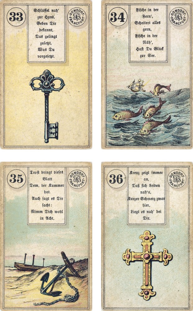 Tysk utgåva av den franska Lenormand-kartomantikleken: Nyckeln, Fisken, Ankaret, Korset, utgiven av Dondorf, Frankfurt, 1800-talet av French School