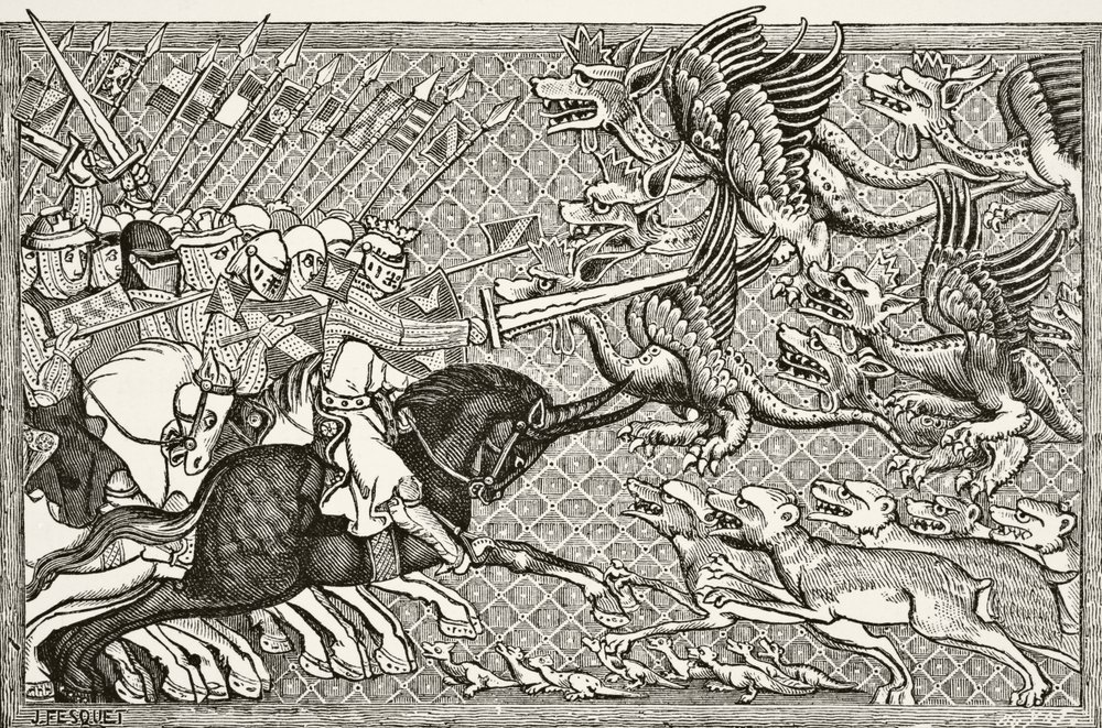 Hur Alexander bekämpade drakarna och en djurart som heter Scorpion, från "Science and Literature in the Middle Ages" av Paul Lacroix (1806-84) publicerad i London 1878 av French School