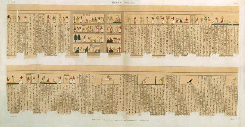 Illustrationer av ett Pampus-manuskript med hieroglyfer, Hypogees, Thebe, plåt 75 från Vol II av `Descriptions of Egypt`, graverad av Willemin, pub. 1822 (akvatint) av French School