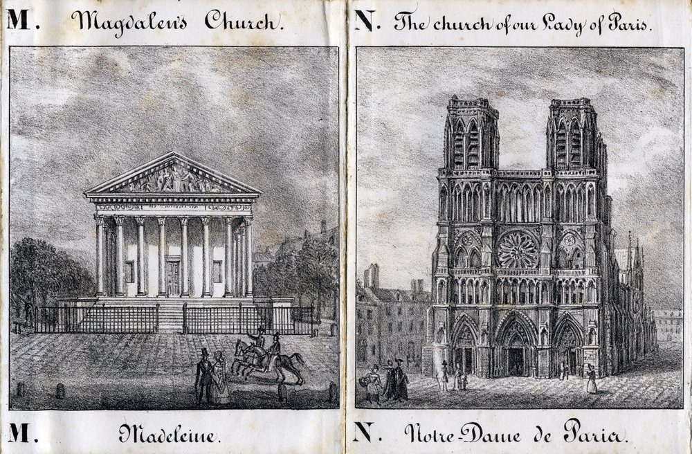 Bokstaven M Madeleine och N Notre-Dame de Paris (Notre Dame de Paris) - "Alphabet Picturesque des Monumens de Paris" c.1840 (gravyr) av French School