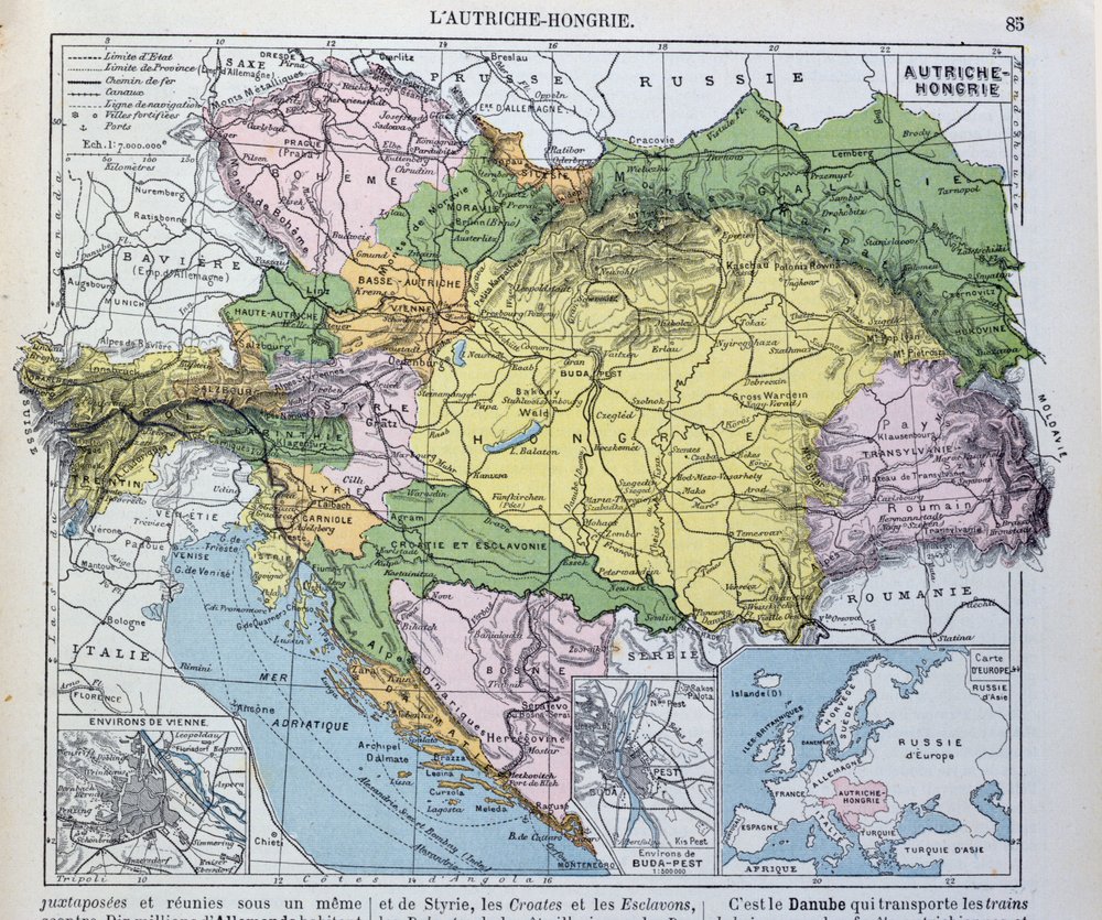 Karta över Österrike-Ungern, illustration ur en fransk geografisk skolbok, 1905 av French School