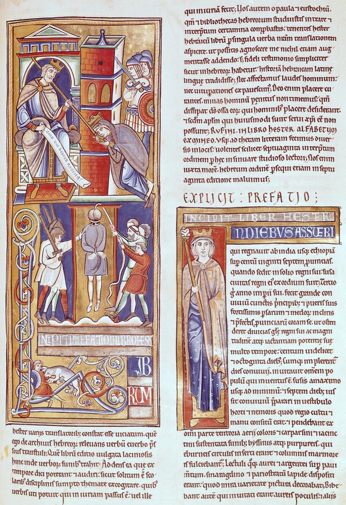 Ms 1 fol.284r Ester och Ahasveros och Hamans hängning, från Souvignybibeln av French School