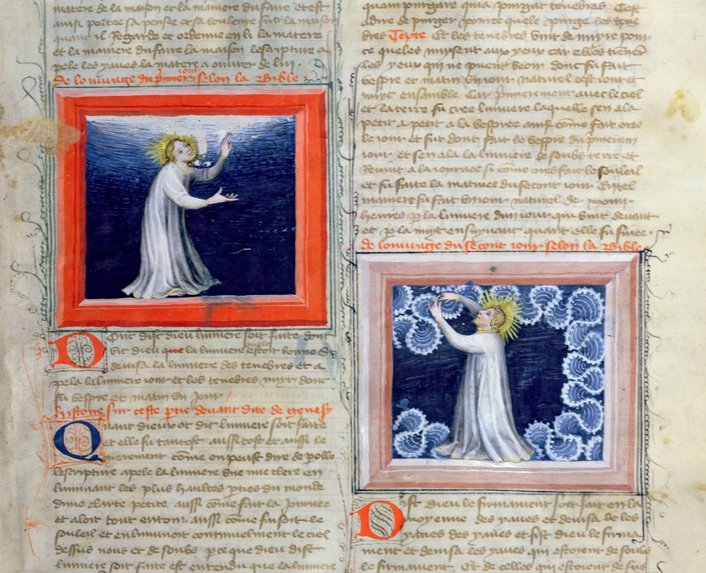 Ms 313 Gud som skiljer ljuset från mörkret (till vänster) och skapar himlavalvet (till höger), från Bible des Grands Augustins, 1494 av French School