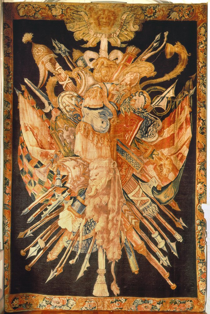 Gobeläng föreställande krigstroféer (textil) av French School