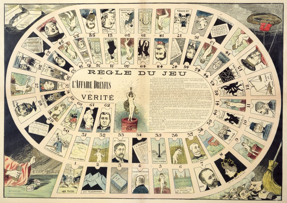 The Dreyfus Affair Game, med porträtt av de olika inblandade individerna, sent 1800-tal av French School