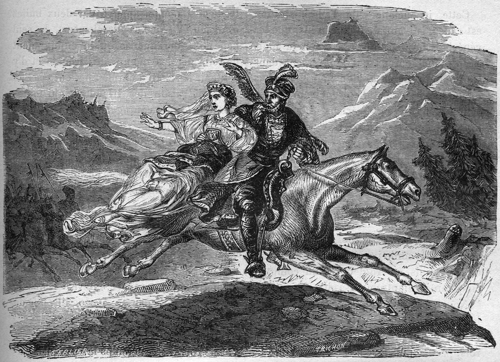Den polska legenden om prinsessan Heligonde och greve av Tyniec Walgerz. De två förälskade älskarna flyr till Polen. Gravyr i "Prostitutionens och utsvävningens historia bland alla världens folk från antiken till våra dagar" av Dr Th. -F. Debray. av French School