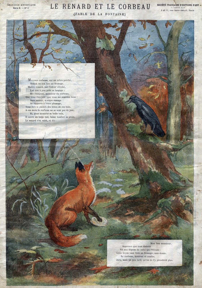 Korpen och räven. Fabler av Jean de La Fontaine (1621-95). Illustration av slutet av 1800-talet. av French School