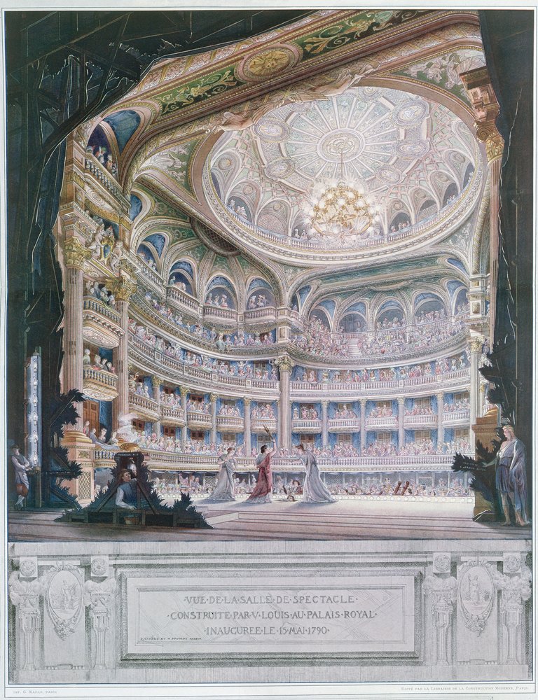 Utsikt över Comedie Francaise Theatre 1790, efter ett original av Gaudet och Prudent (färgstick) av French School