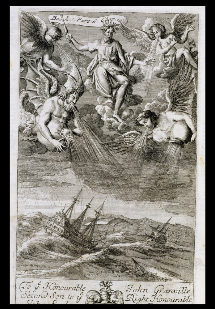 Jupiter kastar en storm på havet, illustration från bok 1, del 6, kapitel 16 av 