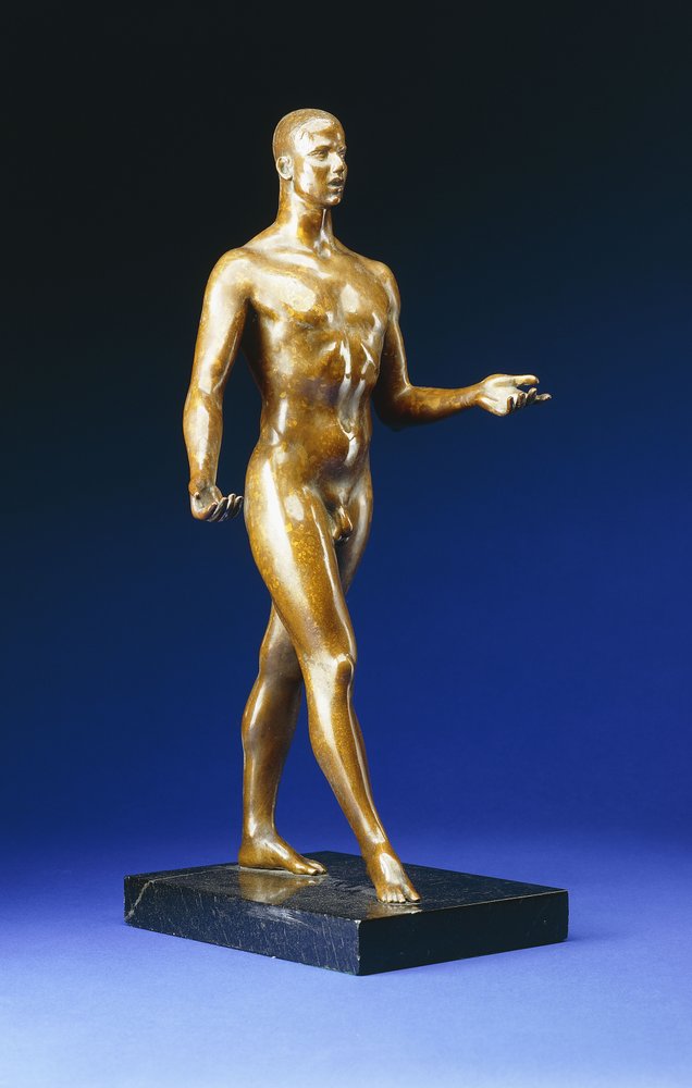 Man Walking - Portrait of Lincoln Kirstein, c.1933 (paket förgylld brons på ådrad svart marmorbas) av Gaston Lachaise