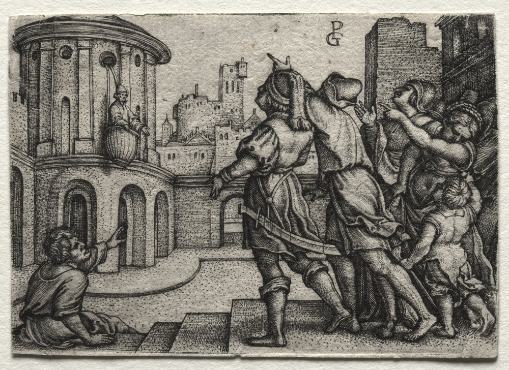 Virgil hängande i en korg av Georg Pencz