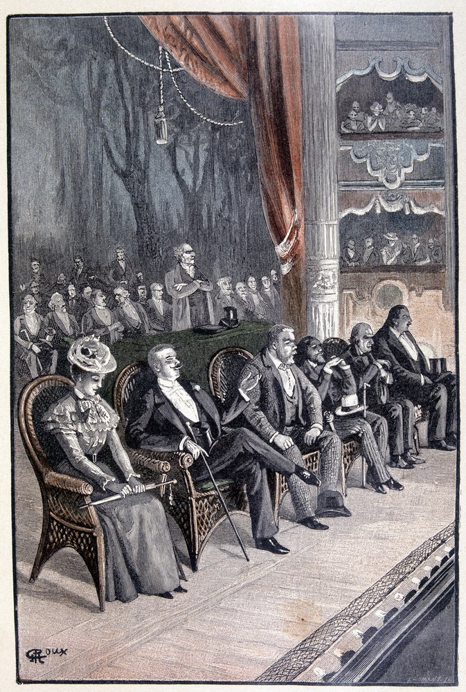 De sex på en enda rad, nära rampen (sida 61) i "" Testamentet om en excentriker"" av Jules Verne av George Roux