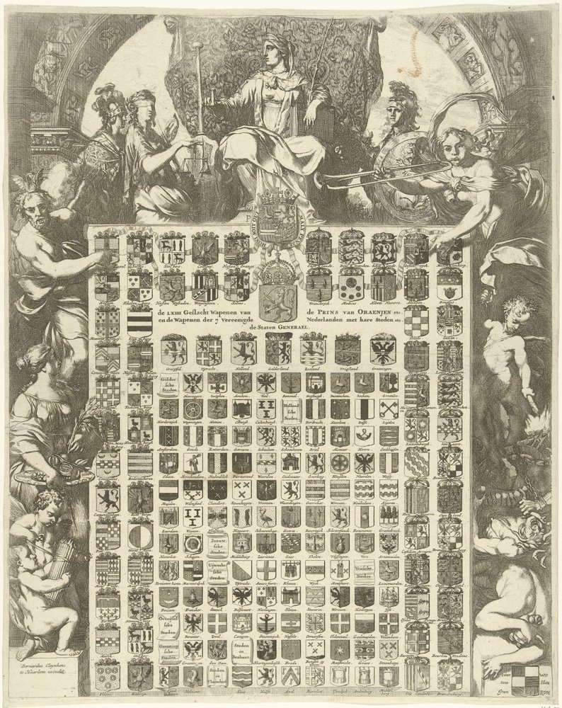 Prins William III:s könsvapen i en allegorisk ram LXIIII Gender Weapons of the Prince of Oraenjen etc. och Weapons of the 7 United Netherlands with its Cities etc. (titel på objektet) av Gerard de Lairesse