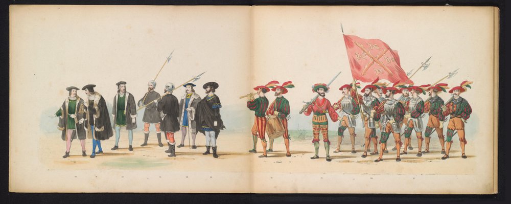 Masquerade of the Leiden Students, 1855 (skylt 3) Klädd procession som hölls av medlemmarna i Leidens studentkår den 12 juni 1855, för att fira 280-årsjubileet av Leidsche Hoogeschool, som skildrar Karl V:s inträde i av Gerardus Johannes Bos
