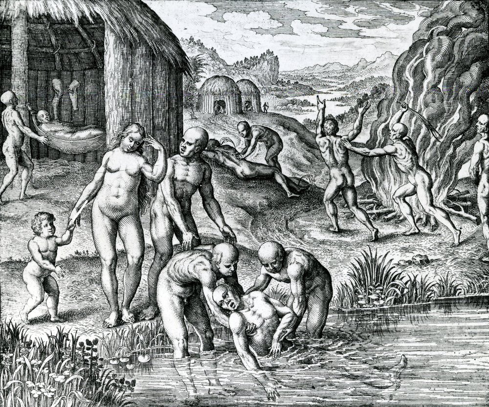 Quibus remediis contra morbos utantur Indiani, illustration hämtad från "Pars Decima Americae" utgiven av Hieronymous Galler av German School