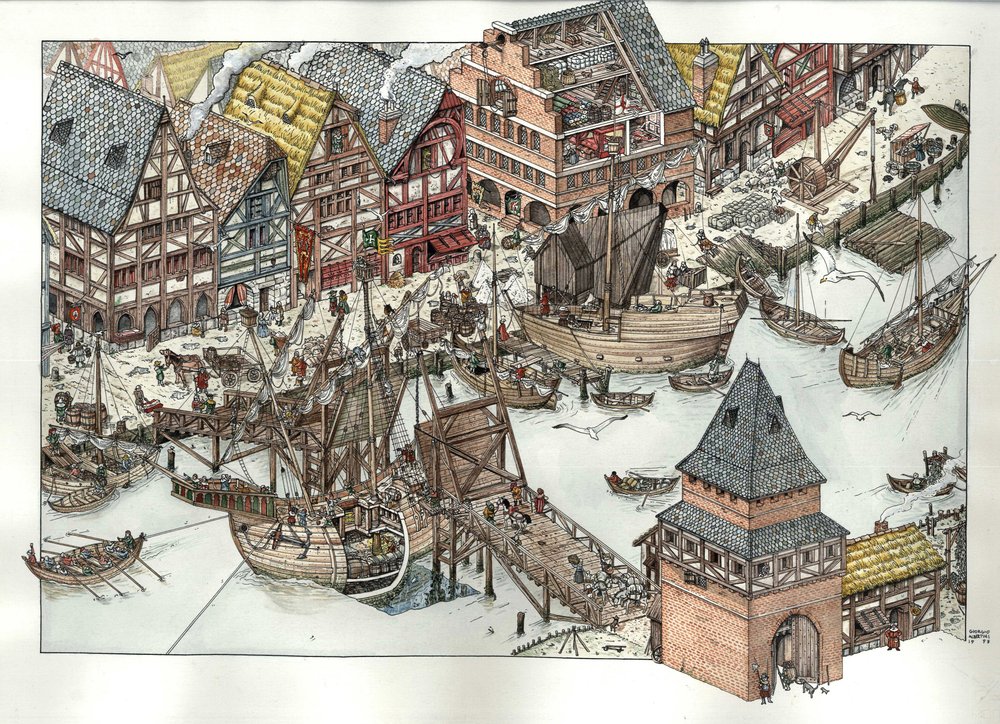 Medeltiden: vy över handelsaktiviteterna kring hamnen i Lübeck, vid Östersjön. 14:e århundradet. Tyskland av Giorgio Albertini