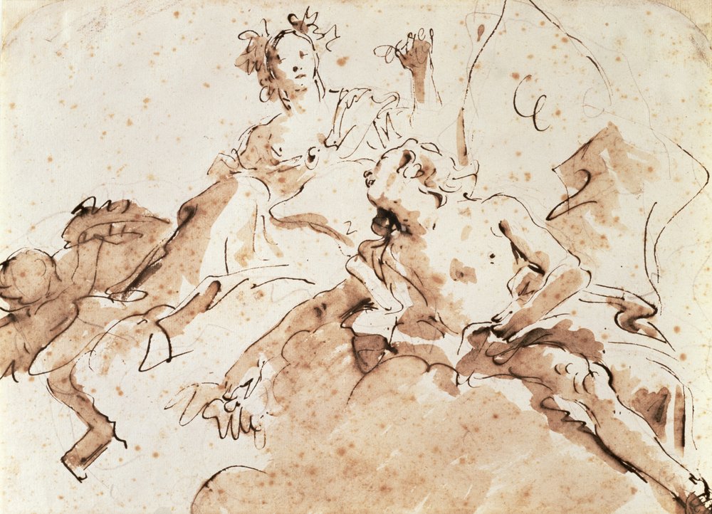 Zephyrus and Flora (penna och brun tvätt över svart krita på papper) av Giovanni-Battista Tiepolo