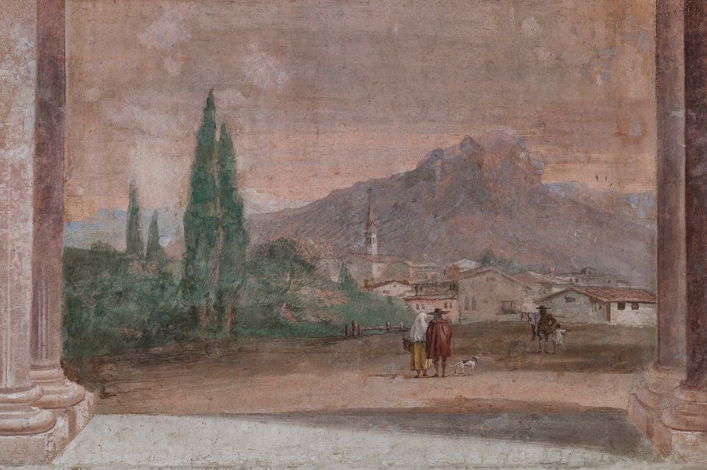 Palazzina (liten byggnad): utsikt över det första rummet och dess fresker som representerar episoder från Iliaden: "Amor med pilar som flyger över ett venetianskt landskap", detalj om landskapet av Giovanni-Battista Tiepolo