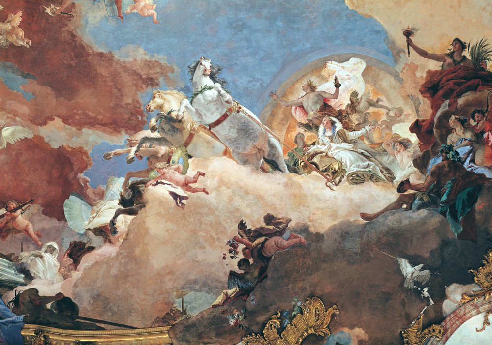 Apollon i sin solvagn som för Beatrice I (1145-84) till Fredrik I Barbarossa (1122-90), detalj från taket i Kejsarsalen av Giovanni-Battista Tiepolo
