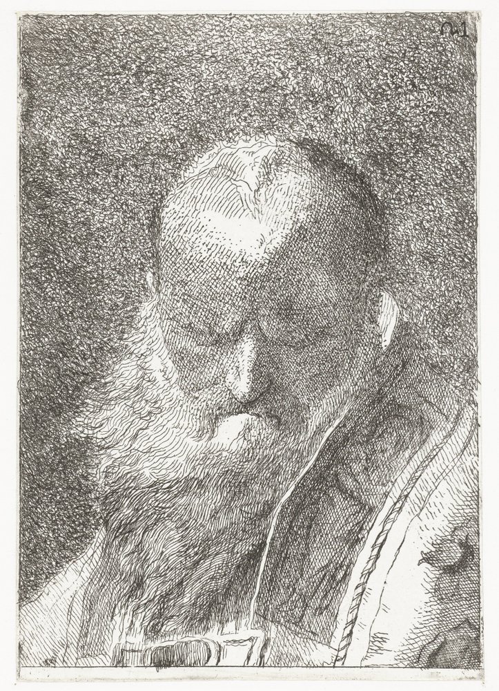 Präst med flintskallig huvud i kapsel Samling av huvuden (serietitel) Raccolta di Teste (serietitel) av Giovanni Domenico Tiepolo
