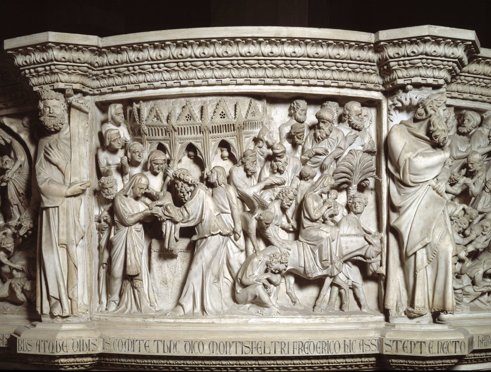 Detalj av relieferna av stolen realiserade av Giovanni Pisano (1248-1314): presentationen av Jesus vid templet och flykten till Egypten (Detalj av relieferna från marmorpredikstolen) 1302-1311 Cathedrale of Pisa (Duomo di Pisa) , Italien av Giovanni Pisano