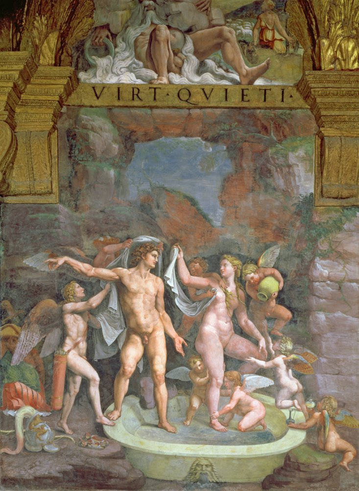 Mars och Venus badar med hjälp av Amor och putti från Sala di Amore e Psiche, 1528 av Giulio Romano