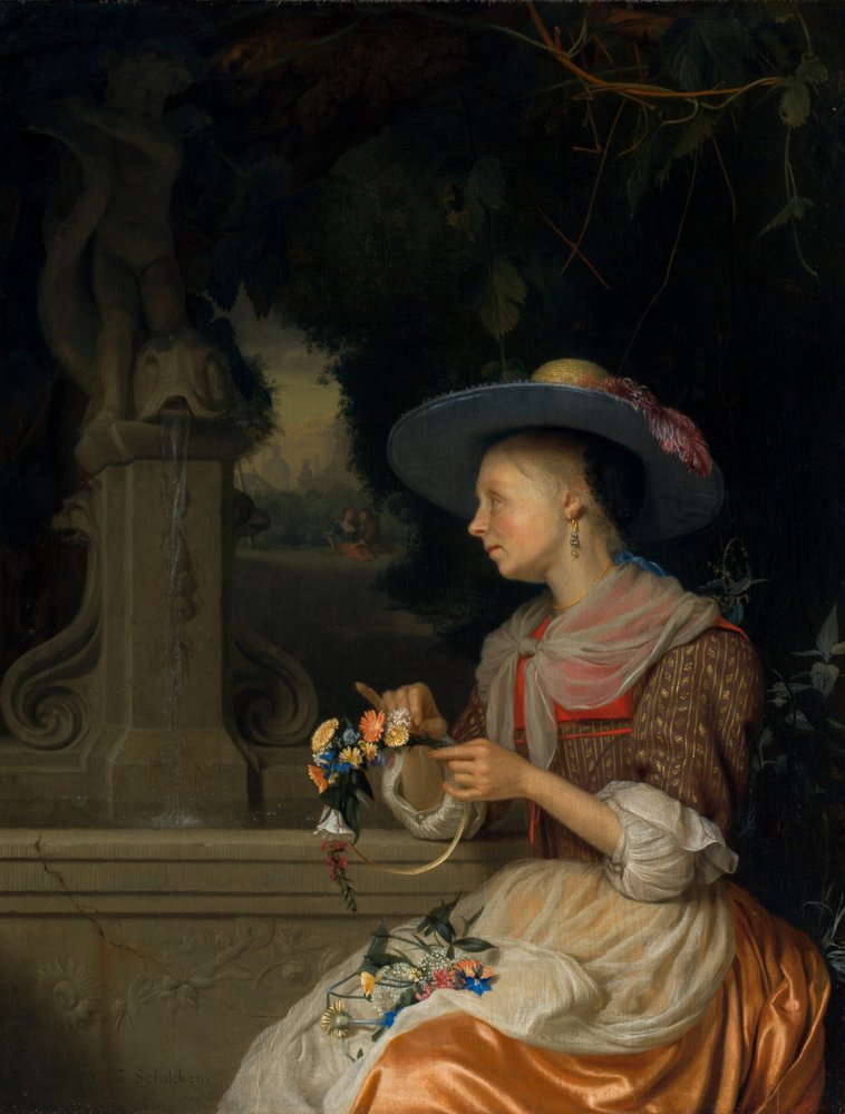 Kvinna som väver en krona av blommor, ca. 16751680. av Godfried Schalcken
