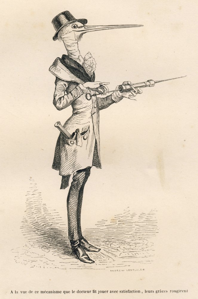 Stork som läkare hanterande ett lavemang. Vinjetter illustrerade av J. J. Grandville. Gravyr signerad av Andrew, Best och Leloir i avsnittet med titeln "En engelsk honkatts hjärtesorger", skrivet av Honoré de Balzac, i "Scener ur det privata och av Grandville