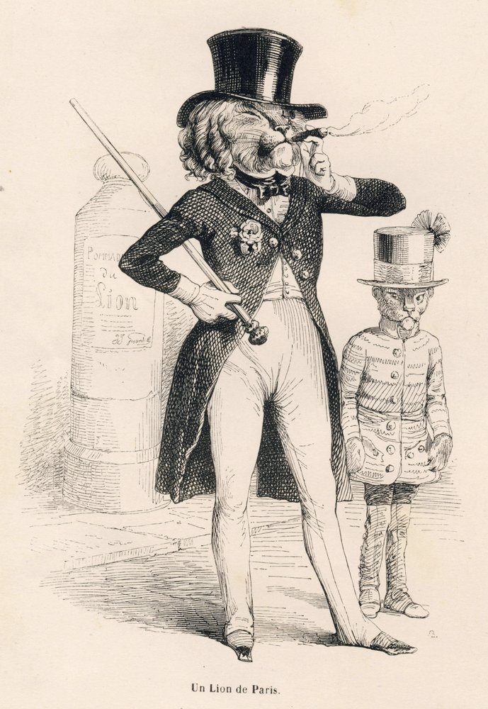Lejon av Paris. Vinjetter illustrerade av JJ Granville. Gravyr signerad Andrew, Best och Leloir i delen med titeln "Voyage of an African lion in Paris" skriven av Honore de Balzac i "Scener av djurens privata och offentliga liv". Paris, J. Hetzel och av Grandville