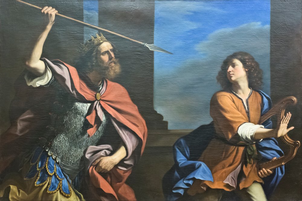 Saul försöker döda David med sitt spjut av Guercino (1591-1666)