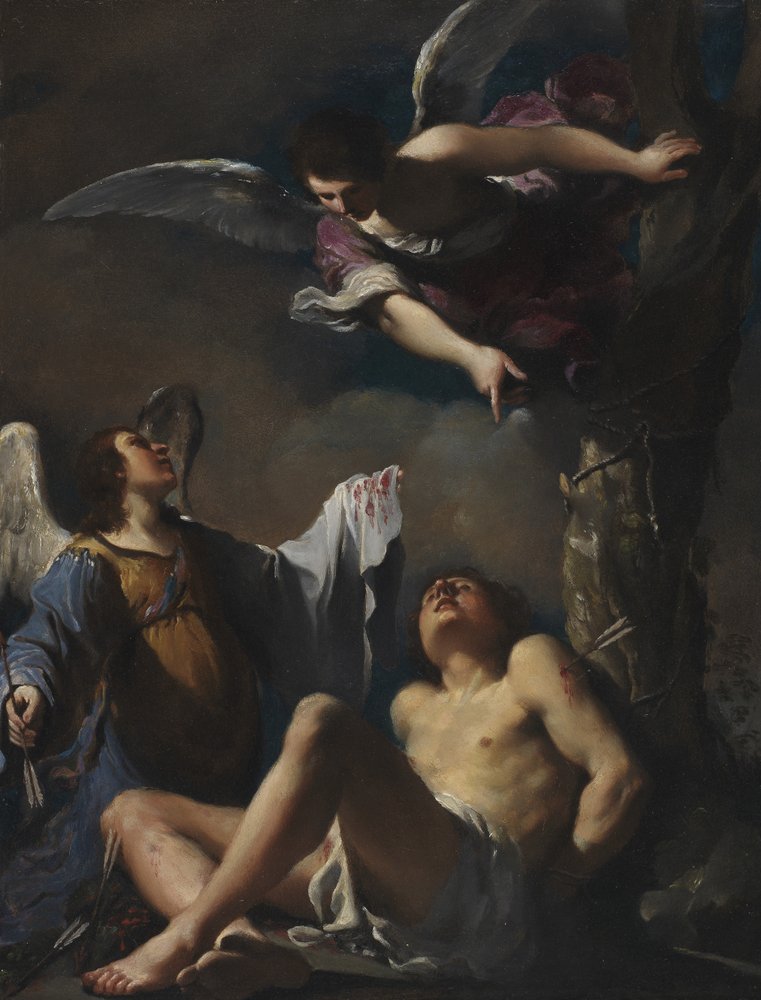 St. Sebastian understödd av två änglar av Guercino