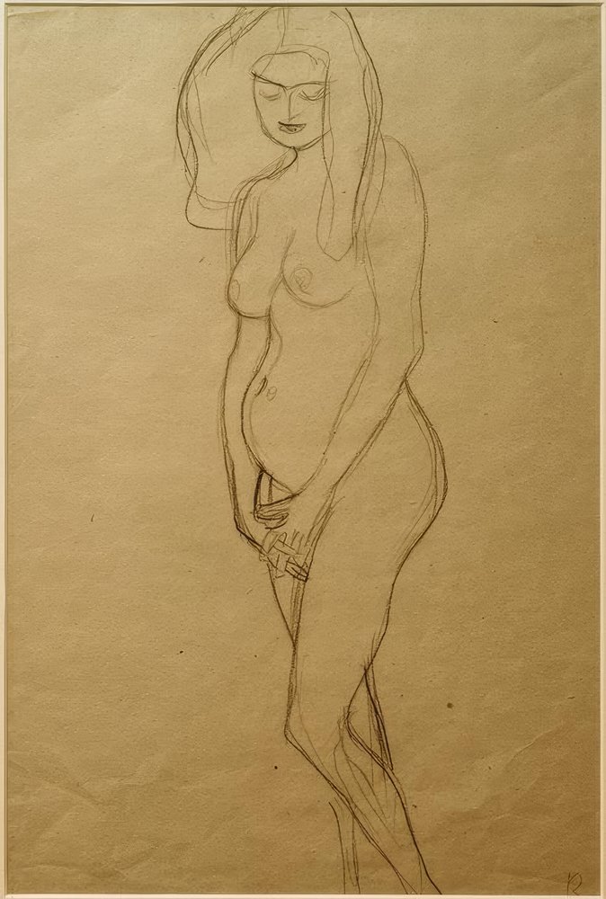 Stående naken gravid kvinna vänd åt vänster, händerna… av Gustav Klimt