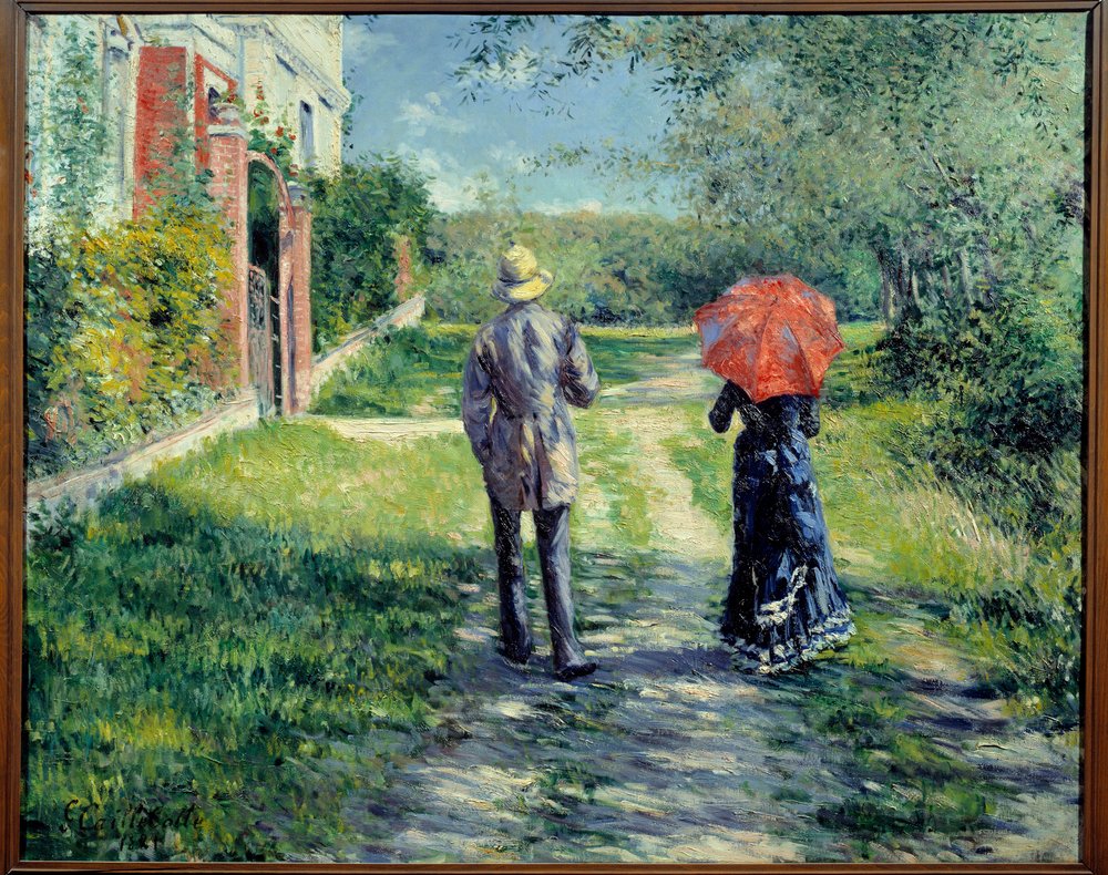 Stig uppåt. Par som promenerar på landsbygden. Målning av Gustave Caillebotte (1848-1894) av Gustave Caillebotte