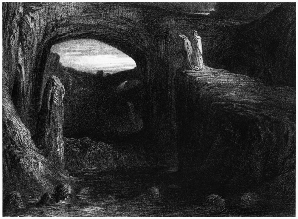 Vergilius (70-19 f.Kr.) och Dante på väg in i helvetet, illustration ur ”Den gudomliga komedin” (Inferno) av Dante Alighieri (1265-1321), Paris, utgiven 1885 av Gustave Dore