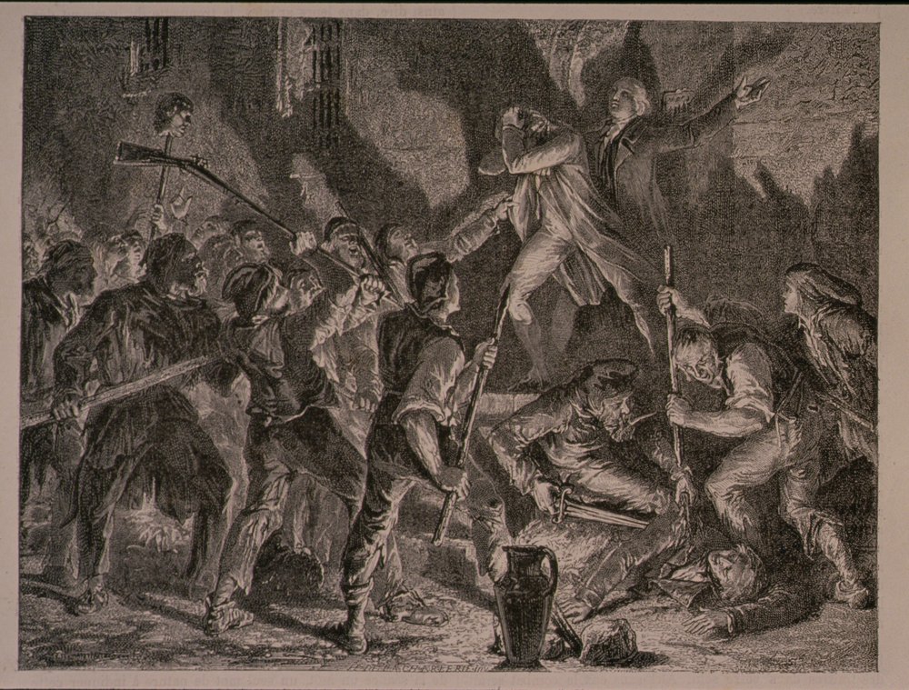 Massakern i fängelserna i september 1792, graverad av Jean-Baptiste Charles Carbonneau (f.1815) av H. de la Charlerie