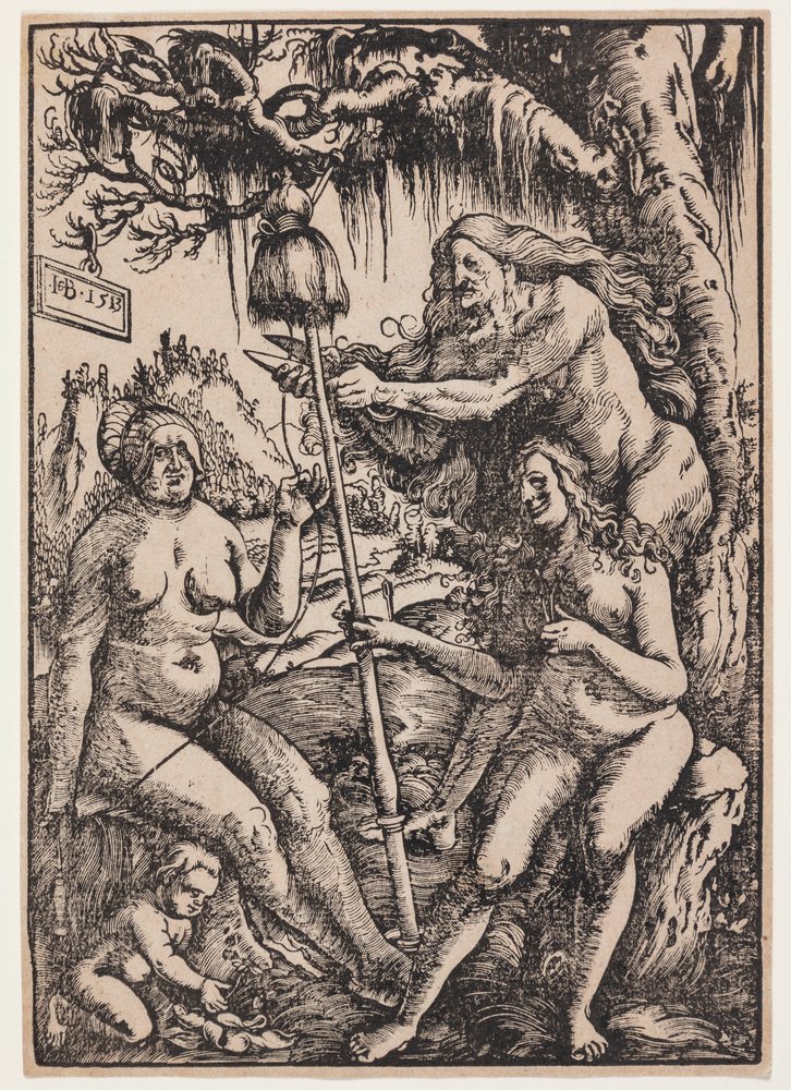 De tre ödesgudinnorna Lachesis, Atropos och Klotho av Hans Baldung Grien