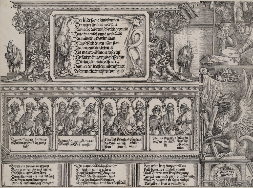 Den vänstra portalens övre sektion, med inskriften på ett lejonskinn, en fris med B..., 1515. av Hans Springinklee