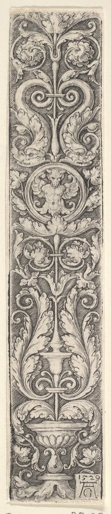 Vertikal panel med en kandelaber innehållande en medaljong med en kentaur och ett par Dolp..., 1529. av Heinrich Aldegrever