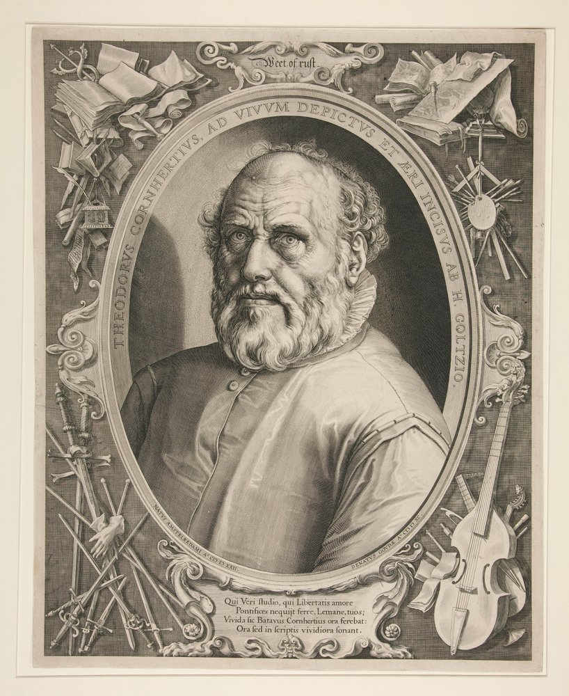 Porträtt av Dirck Volckertszoon Coornhert (1522-1590) av Hendrick Goltzius