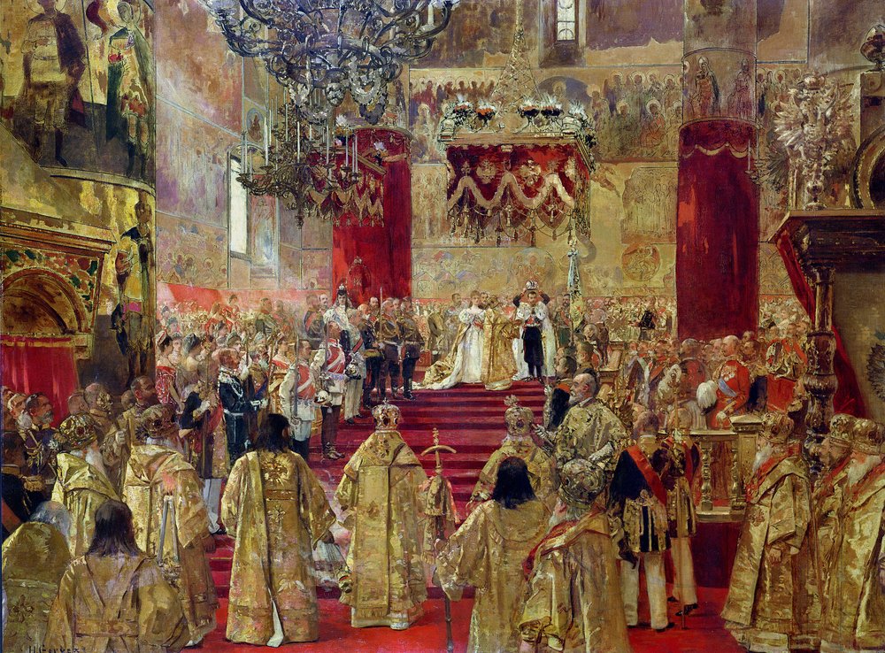 Studie till kröningen av tsar Nikolaj II (1868-1918) och tsaritsa Alexandra (1872-1918) i Uspenskijkatedralen, Moskva, 14 maj 1896 av Henri Gervex