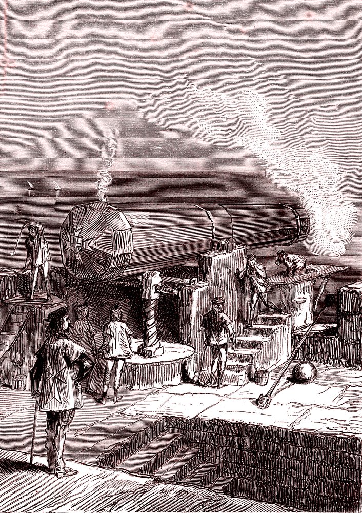 Den gigantiska kanonen på ön Malta, konstverk, "Från jorden till månen" av Jules Verne av Henri de Montaut