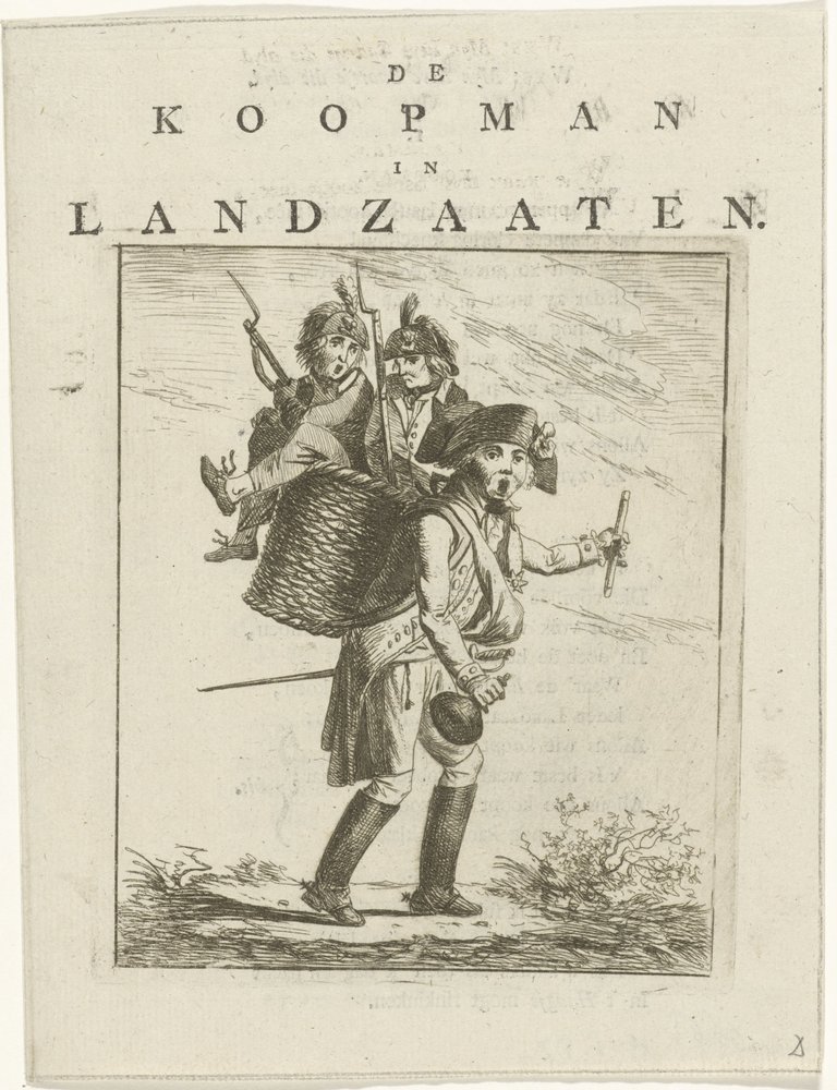 Sångblad och tecknad film med soldater Tecknad film om Willem V Köpmannen i Landzaaten (titel på objekt) av Hermanus Fock