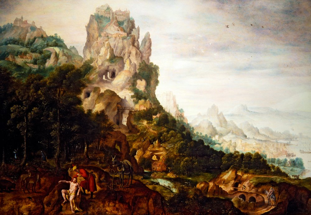 Den barmhärtige samariten (olja på pannå) av Herri met de (c.1510-p.1550) Bles