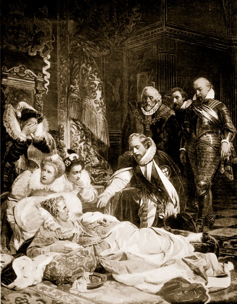 Drottning Elisabets död, 24 mars 1603, illustration ur Hutchinsons "Story of the British Nation", cirka 1920 av Hippolyte Delaroche