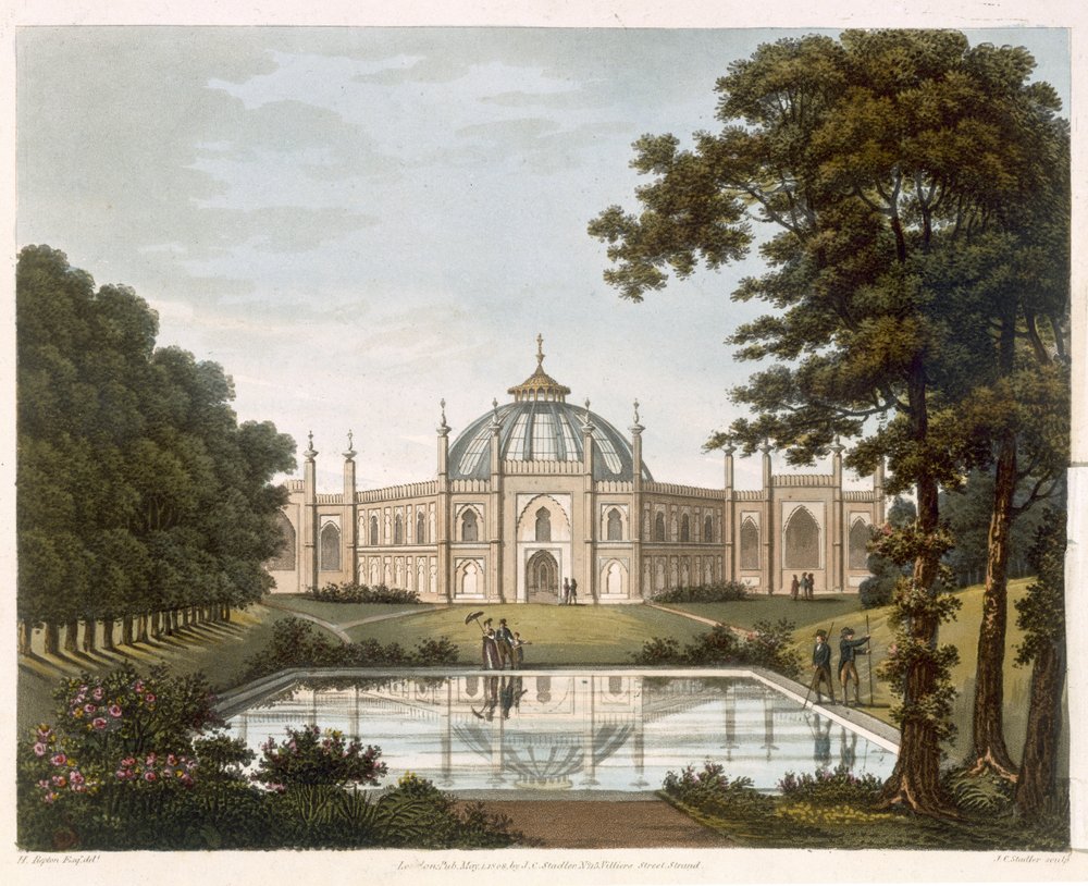 Brighton Pavilion: Föreslagen utsikt över trädgården med en del av Brighton Pavilion i bakgrunden, graverad av J. C. Stadler, ca 1816 av Humphry Repton